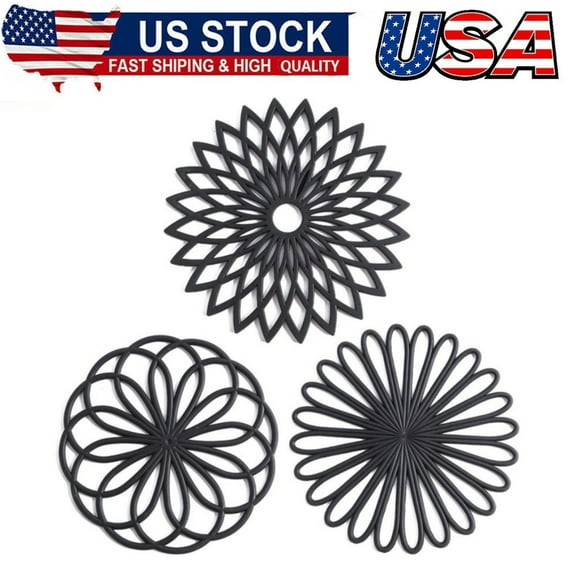 Set of 3 Silicone Trivet Mat,Hot Pot Holder Hot Pads for Table & Countertop,Trivet for Hot Dishes - Non-Slip & Heat Resistant Modern Kitchen Hot Pads for Pots & Pans,Black