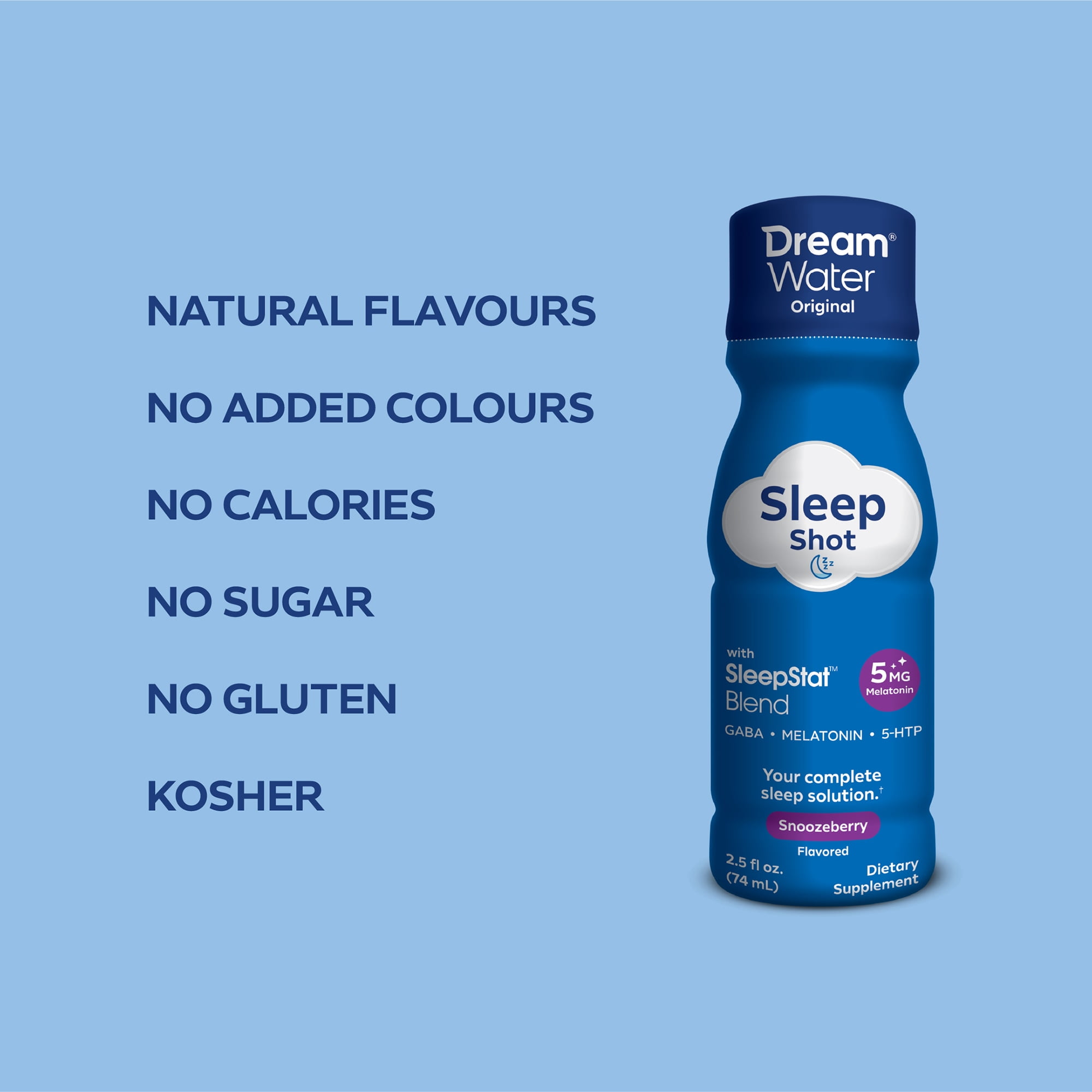 Dream Water Sleep Aid Supplement Drink; Melatonin 5mg, GABA, 5-HTP;   Zero sugar, Natural flavors, No added colors,  2.5 oz liquid sleep shots, Snoozeberry,  24-Count