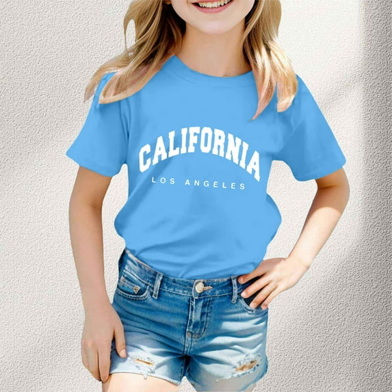 Teen Shirts for Girls Blue Printed Girls Short Sleeve Tops Summer Toddler Girl Clothes Trendy Girl Shirts 11-12 Years