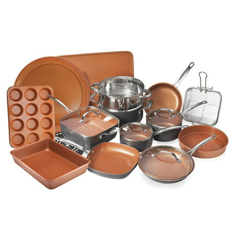 Gotham Steel 20 Piece All in One Kitchen Cookware + Bakeware Set with Non-Stick Ti-Cerama Copper Coating – Includes Skillets, Stock Pots, Deep Square Pan with Fry Basket, Cookie Sheet and Baking (Best Non Stick Coating For Cookware)