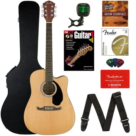 Fender FA-125CE Dreadnought Cutaway Acoustic-Electric Guitar Bundle with Hard Case, Strap, Strings, Tuner, Picks, Fender Play Online Lessons, Instructional Book, and Austin Bazaar Instructional