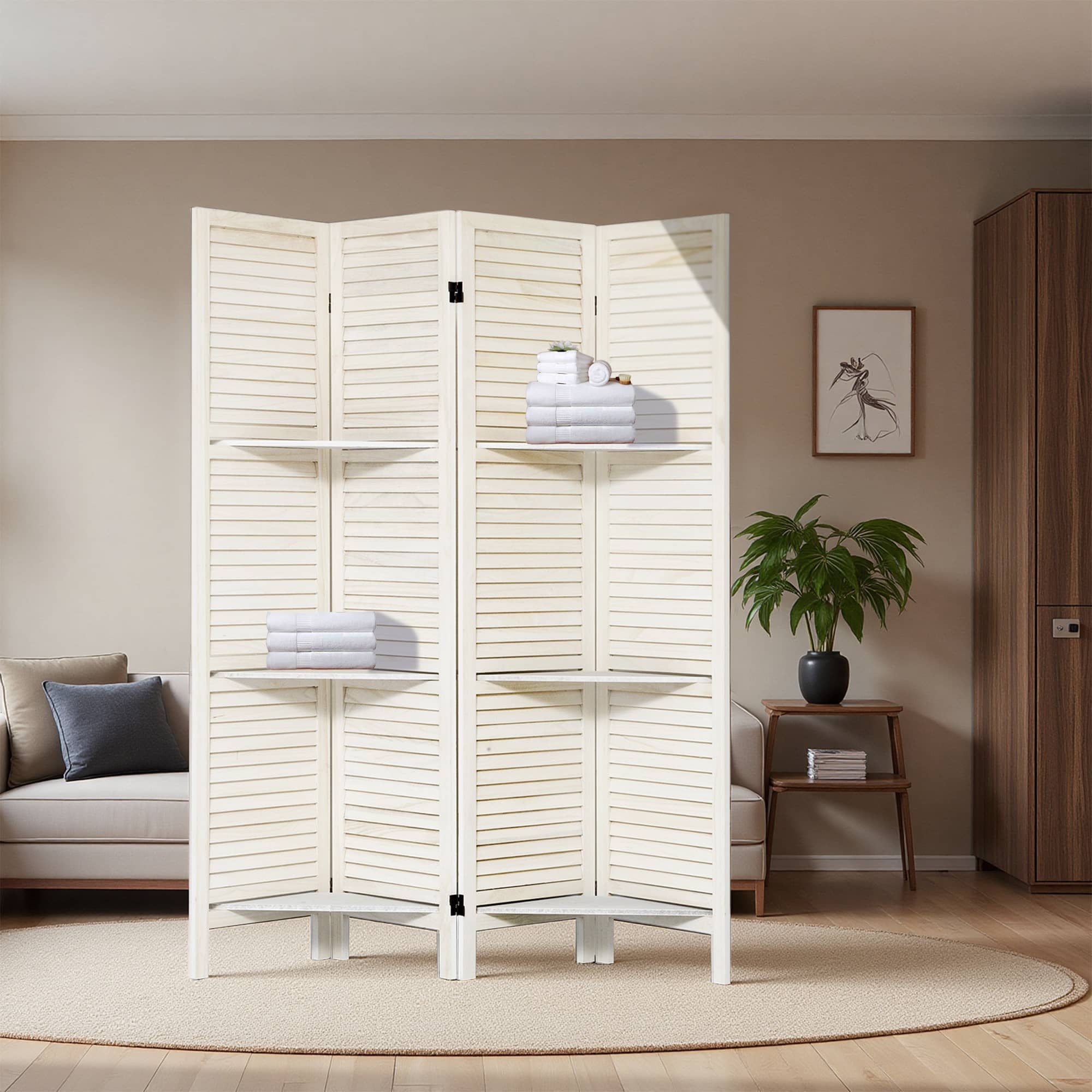 MAYEERTY 4 Panel Freestanding Room Divider with Shelves, 5.6Ft Folding Privacy Screens, Warm White
