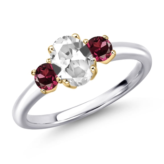 Gem Stone King 10K Two Tone Gold White Created Sapphire and Red Rhodolite Garnet Engagement Ring for Women | 1.44 Cttw | Oval 7X5MM | Gemstone September Birthstone | Size 9