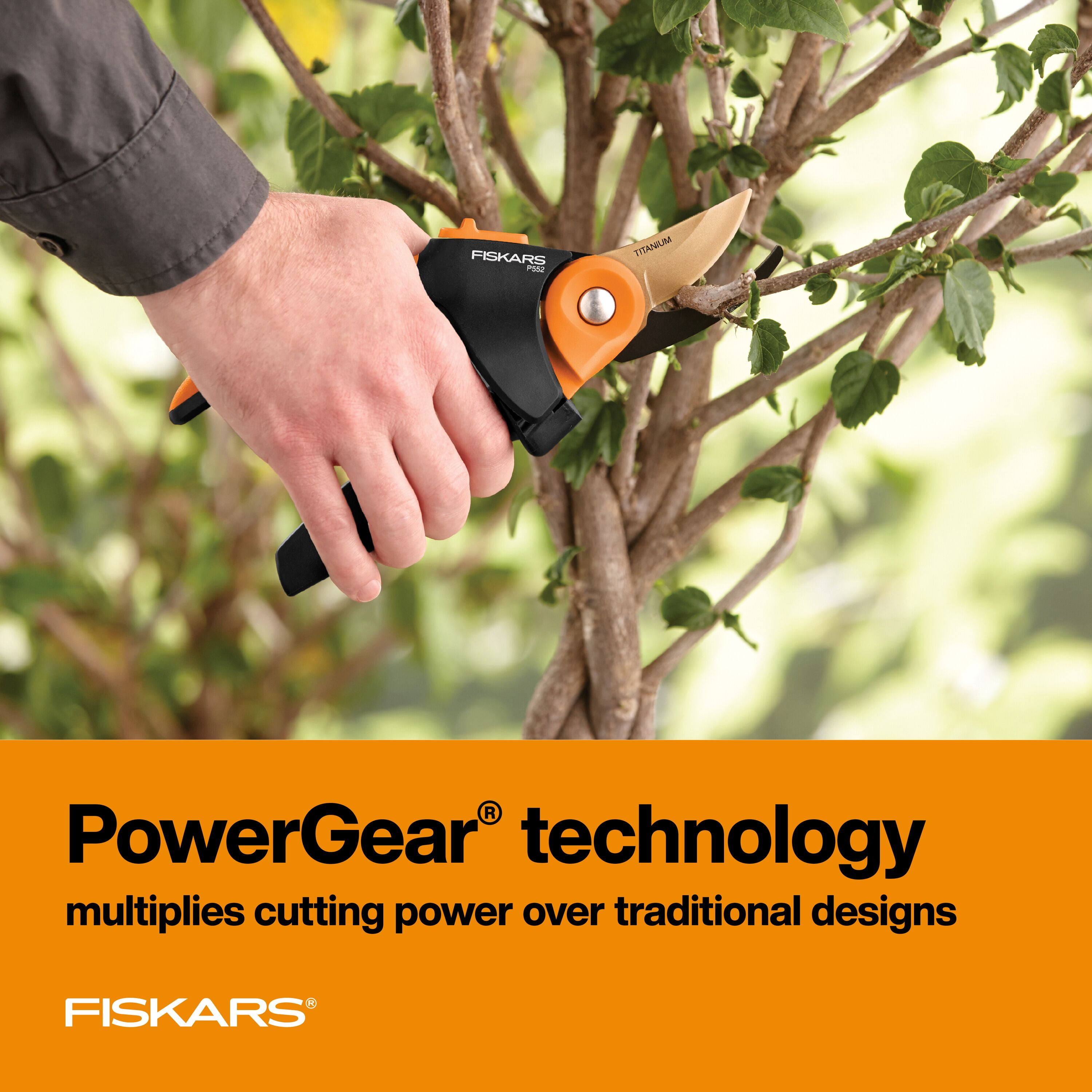 Fiskars 11.5" PowerGear2 Titanium Softgrip Bypass Pruner, 3/4" Cut Capacity Black and Orange