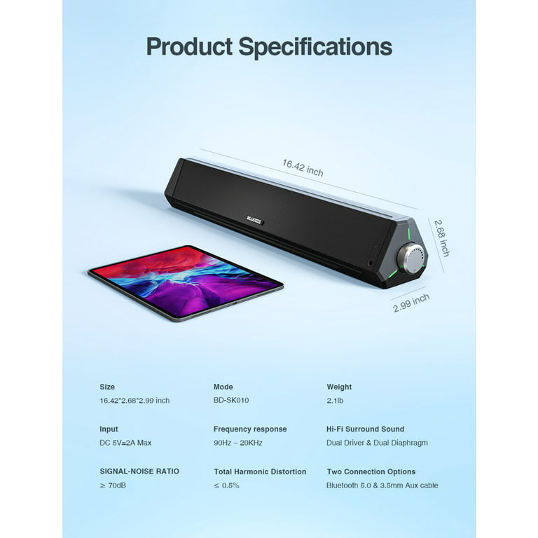 Computer Speakers, Dynamic RGB Light, Bluetooth 5.0 & 3.5mm Aux-in