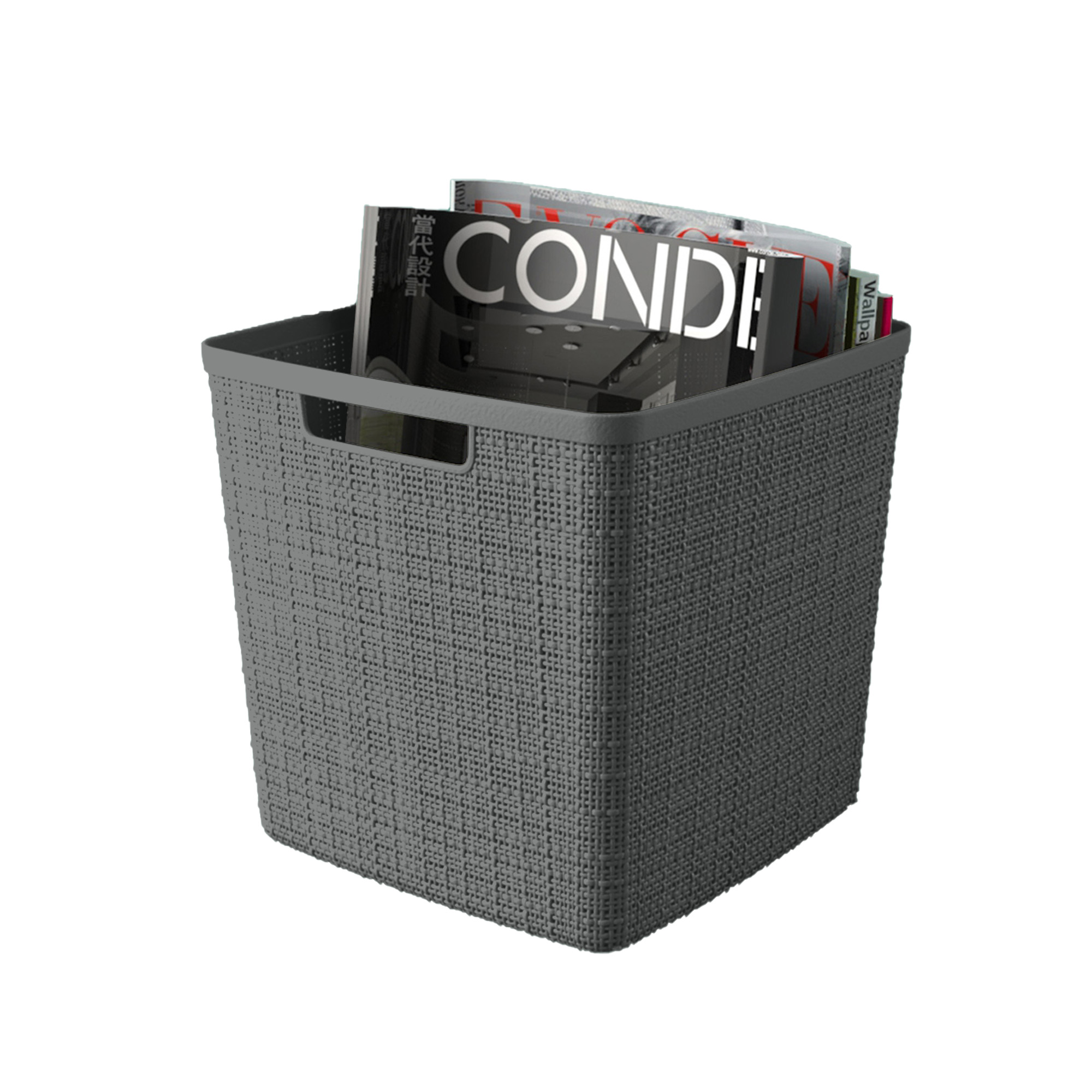 Curver Jute 11" Cube Basket, Resin Plastic Storage Bin, Grey Flannel, 4 Pack