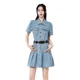 thumbnail image 2 of Vestido vaquero retro estilo americano de corte A con cinturón, vestido informal para mujer, minivestido azul, 2 of 4