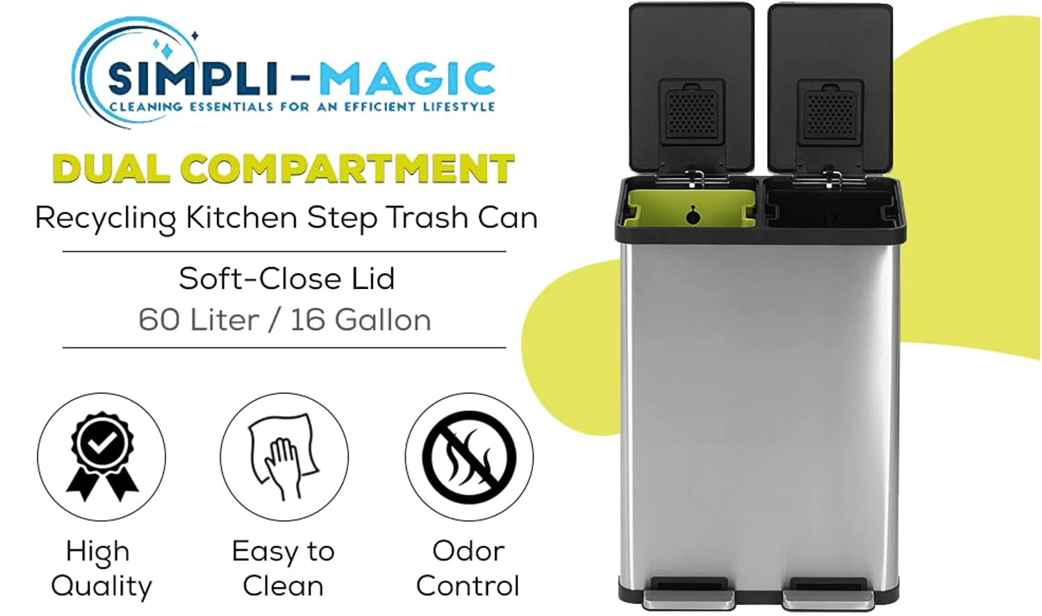 Simpli-Magic Dual Compartment Trash Can with Separate Foot Pedals Rectangular Stainless Steel Trash Bin, 60 L
