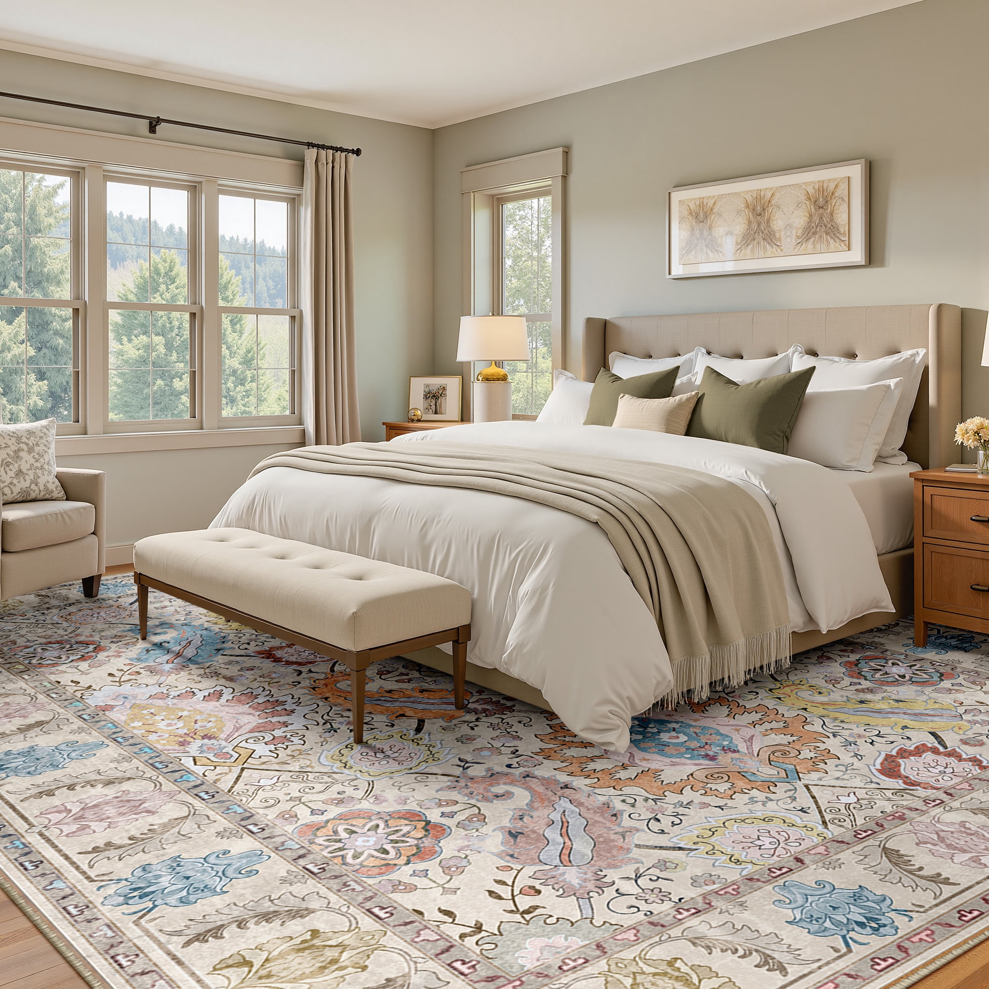 NewBuros Area Rugs 5'x7' Washable Non-Slip Boho Rugs, Soft Stain Resistant Low Pile Print Indoor Carpet for Living Room Bedroom Dining Room, Cream
