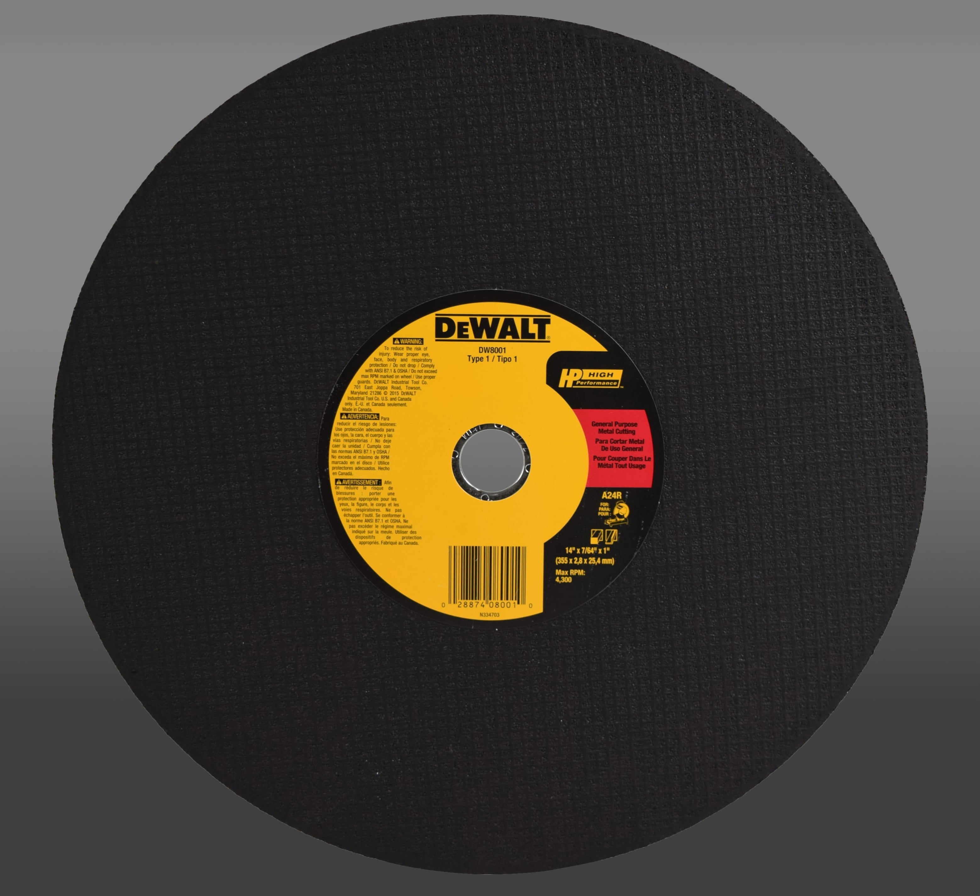 DeWALT DW8001 HP 14" Type 1 Chop Saw CutOff Wheel (7/64" Thickness