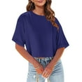 thumbnail image 3 of Tungbrin Women's Summer Crop Tops Half Sleeve Drop Shoulder Round Neck T-Shirts Solid Color Loose Comfy Casual Blouse, 3 of 7