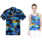 Couple Matching Hawaiian Luau Outfit Aloha Shirt and Tank Top in Sunset Patterns in 2 Colors