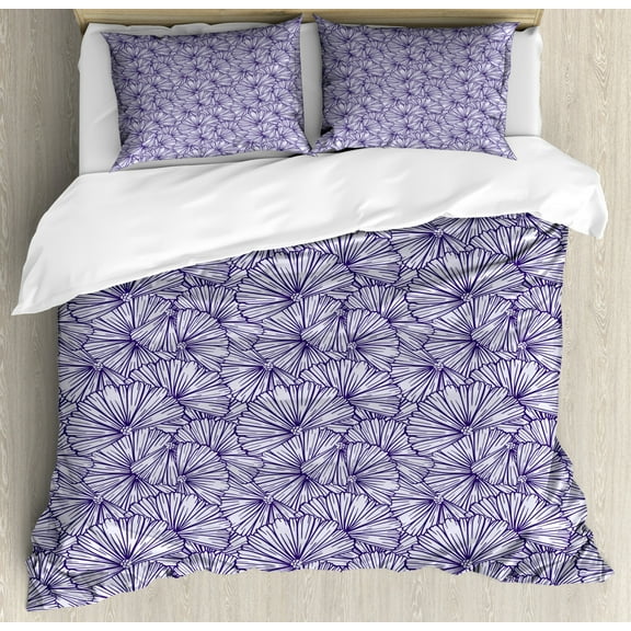 Floral Duvet Cover Set King Size, Delicate Bouquet of Flowers Pattern with Superimposed Contour Petals Print, Decorative 3 Piece Bedding Set with 2 Pillow Shams, Purple Lavender, by Ambesonne