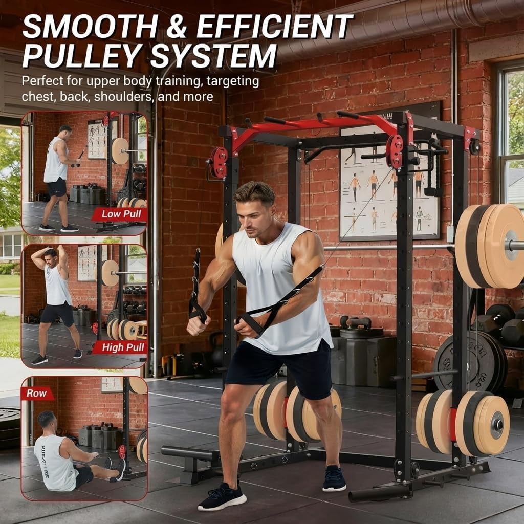 JoanKaren Power Rack Cage,2000lbs Capacity Weight Rack with Adjustable Cable Crossover Machine,Multi-Function Squat Rack with J Hooks,Dip Bars and Landmine,Balck&Red