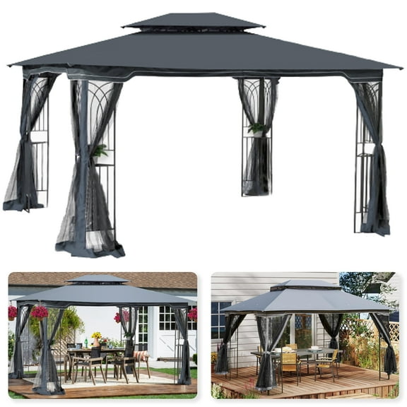 XXLYY Patio Gazebo, Metal Frame Canopy with Double Roofs, Heavy Duty Party Tent with Mosquito Netting, Water-Resistant for Garden Backyard Deck Lawn