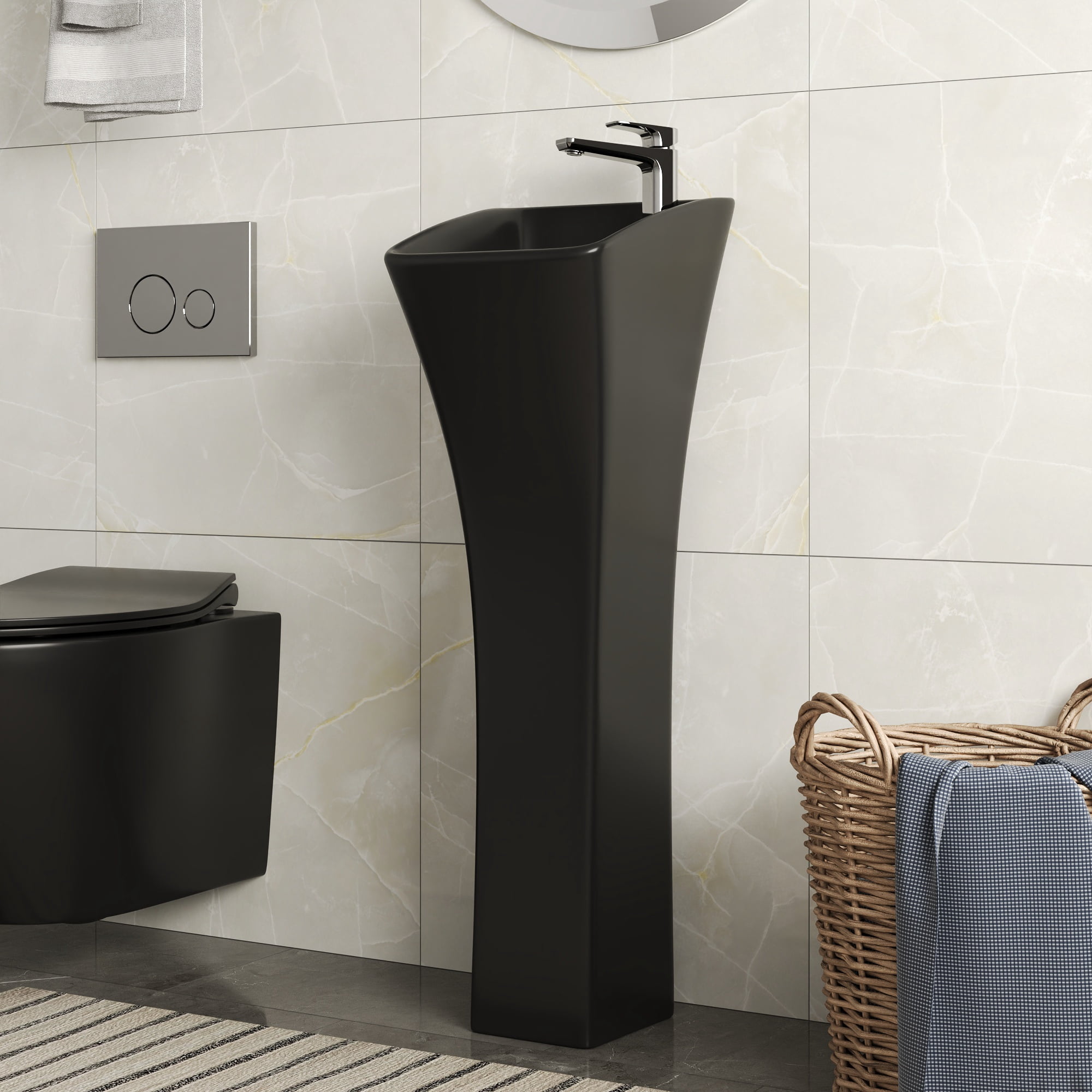35 in. Tall Ceramic Rectangular Pedestal Bathroom Sink in Black with Single Faucet Hole and Overflow  DV-1P529B