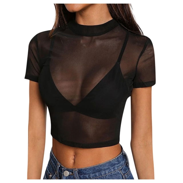 Blusa sexy informal de manga corta transparente con malla pura para mujer