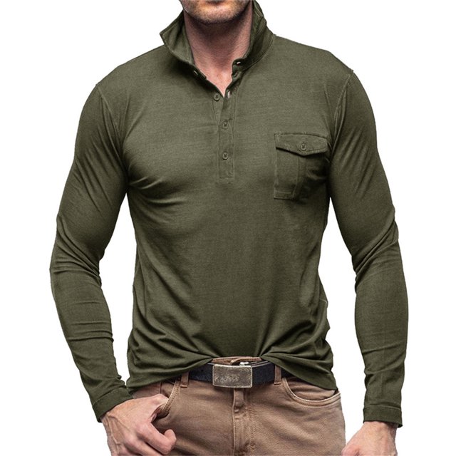 Cotton Golf Shirts for Men with Pocket Long Sleeve T-Shirts Mens Casual Solid Color Pullover Slim-Fit Button Collared Basic Athletic Workout Tees Tops
