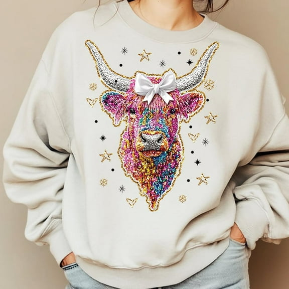 Colorful Coquette Christmas Sweatshirt, Glitter Highland Cow Crewneck, Girly Holiday Pullover with Dalmatian Dots, Bright Xmas Shirt