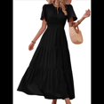 thumbnail image 3 of Vestido Bohemio Floral Fluido de Verano para Mujer, Informal, con Mangas y Volantes, Cuello Redondo, Cintura Fruncida y Negro M, 3 of 9