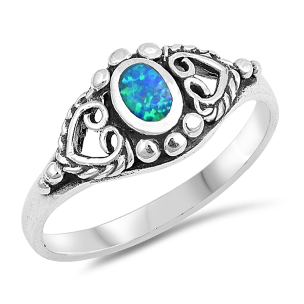 CloseoutWarehouse Three Princess Center Blue Simulated Opal Ring Sterling Silver 925