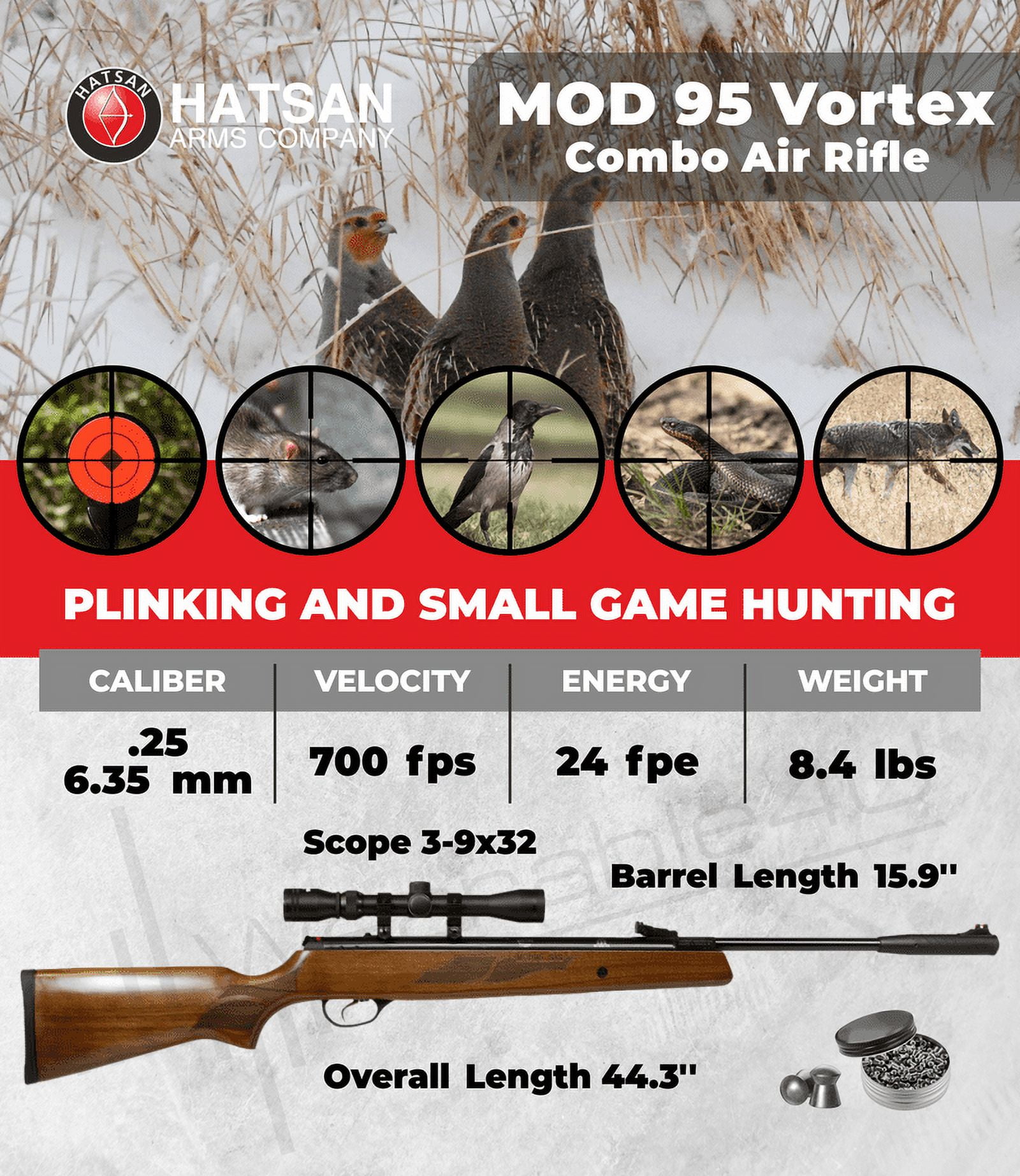 Hatsan Model 95 Vortex Break Barrel Airguns .25 Caliber 3-9 x 32 Scope Turkish Walnut