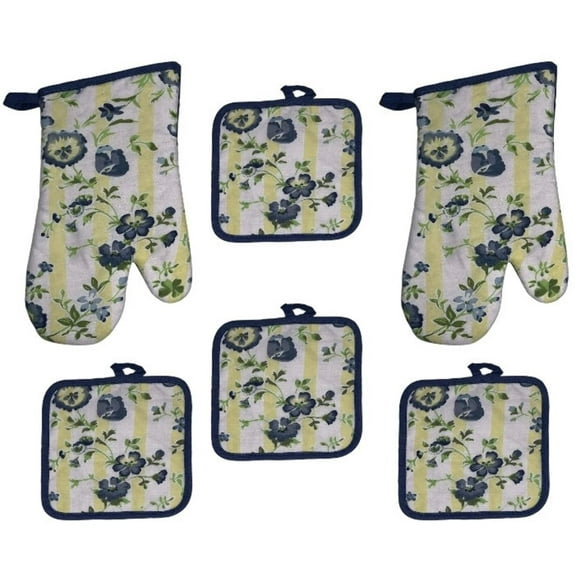 Blue Flower Printed Design 6 Pcs Non-Slip, Heat Resistant Kitchen Towel Set, Includes 4 Potholder, 2 Oven Mitt.
