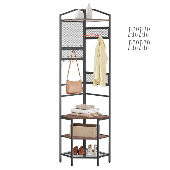KFFKFF Corner Hall Tree, 71.3-inch Coat Rack with Hooks, Upper Shelf & Metal Frame, Freestanding Organizer for Clothes and Shoes with Anti-Tip Kit and Adjustable Feet for Entryway, Closet, or Office