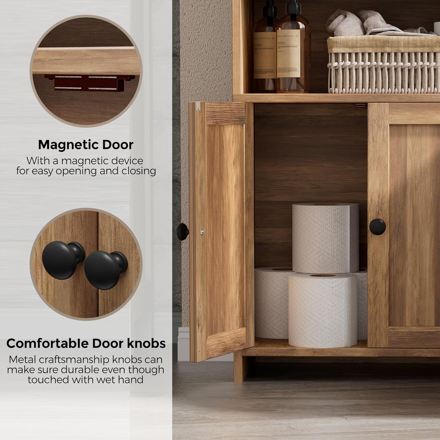 Small Bathroom Storage Cabinet, Freestanding Toilet Paper Storage with 2 Doors and Shelves, Bathroom Organizers and Storage for Small Spaces, 7.9" D x 14.6" W x 31" H, Rustic Walnut