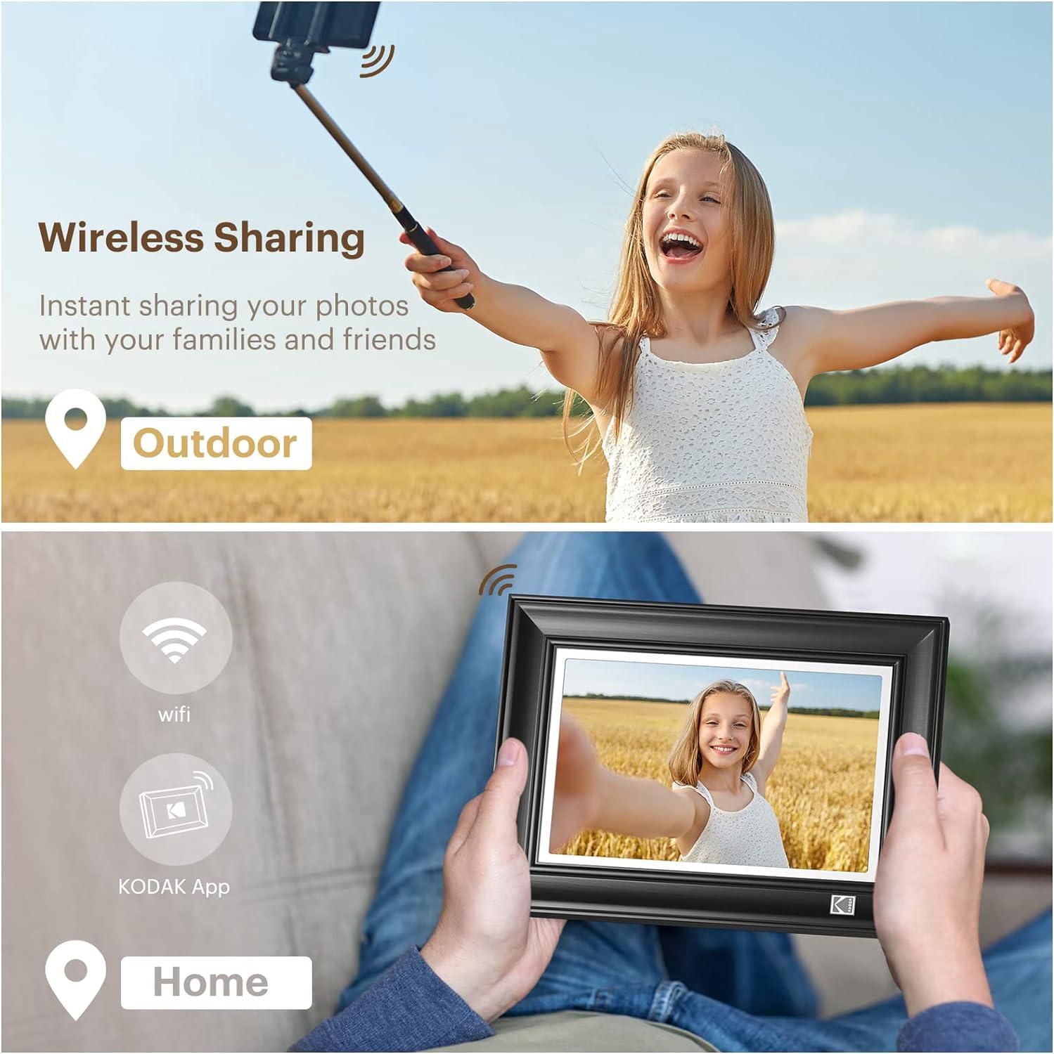 KODAK RWF-127 Cadre photo numérique WiFi, 10,1" FHD 1920 x 1200IPS, 32 Go, couleur noir rougeâtre, cadre en bois