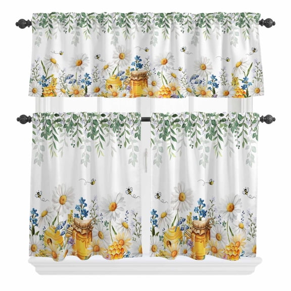 3 Piece Kitchen Curtains and Valances Set Eucalyptus Leaves Cafe Curtains 24 Inch Length Daisy Flower Spring Watercolor Country Floral Bee Valance & Tier Curtain for Living Room 54"x18" 27"x24"*2