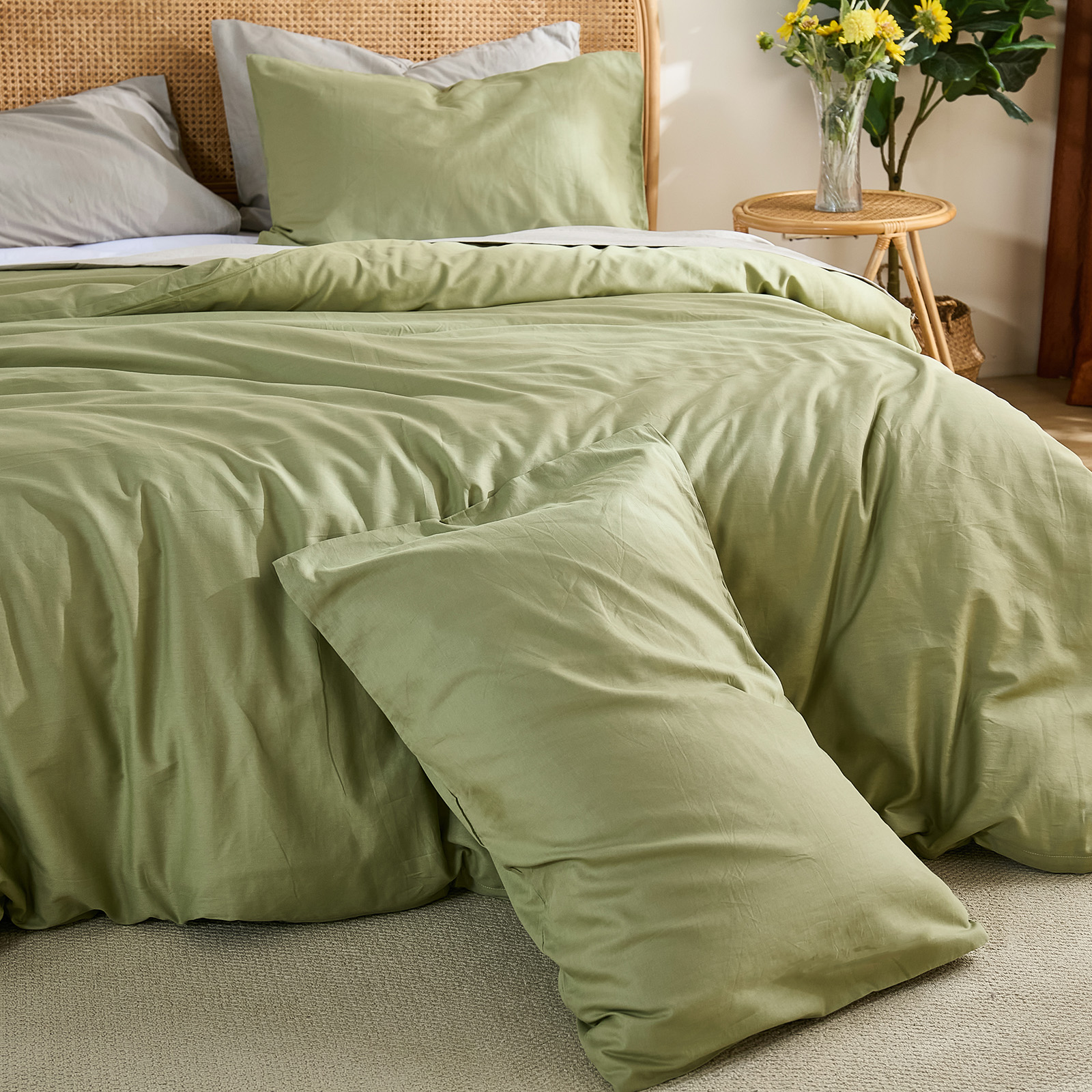 100% Washed Cotton Duvet Cover –Avocado Green, Linen-Like Texture, Super Soft & Breathable Bedding Set, 3-Piece Durable Percale Comforter Cover