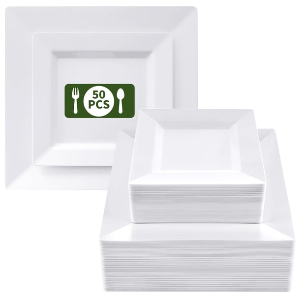 50 platos de Vajilla de Platos Cuadrados,platos de plastico elegantes,Platos Elegantes Reutilizables para Fiesta,Incluye 25 Platos Grandes (25 cm) y 25 Platos medianos (16 cm),para fiestas y cenas