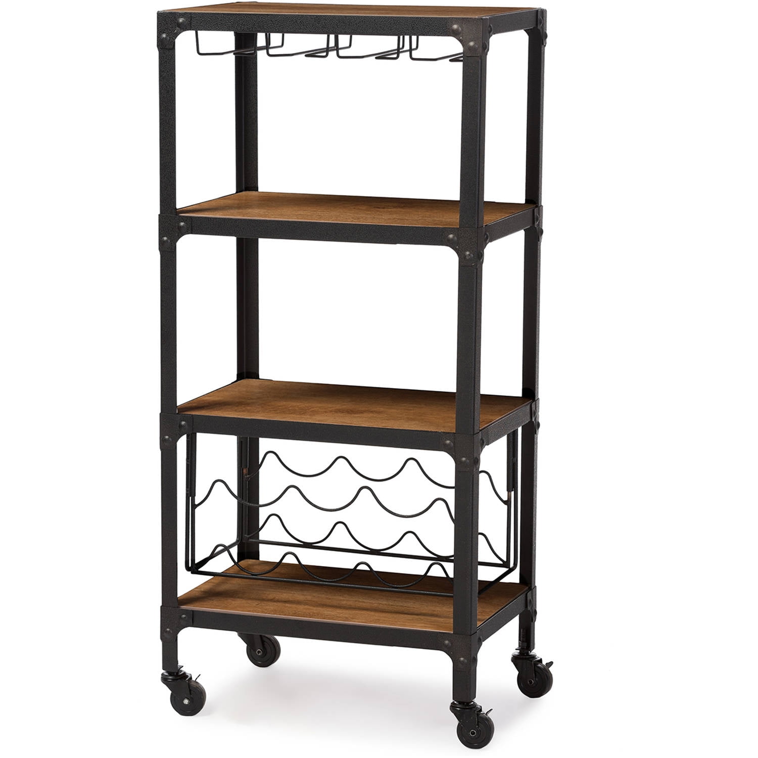 Swanson Rustic Industrial Style Antique Black & Metal Distressed Wood Mobile Kitchen Bar Wine Storage Shelf - Baxton Studio