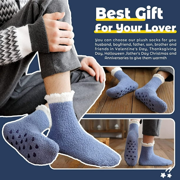 Mens Fuzzy Slipper Socks with Grippers Soft Winter Cozy Fleece Fluffy Non  Skid Warm Crew Comfort Thick Hospital Socks