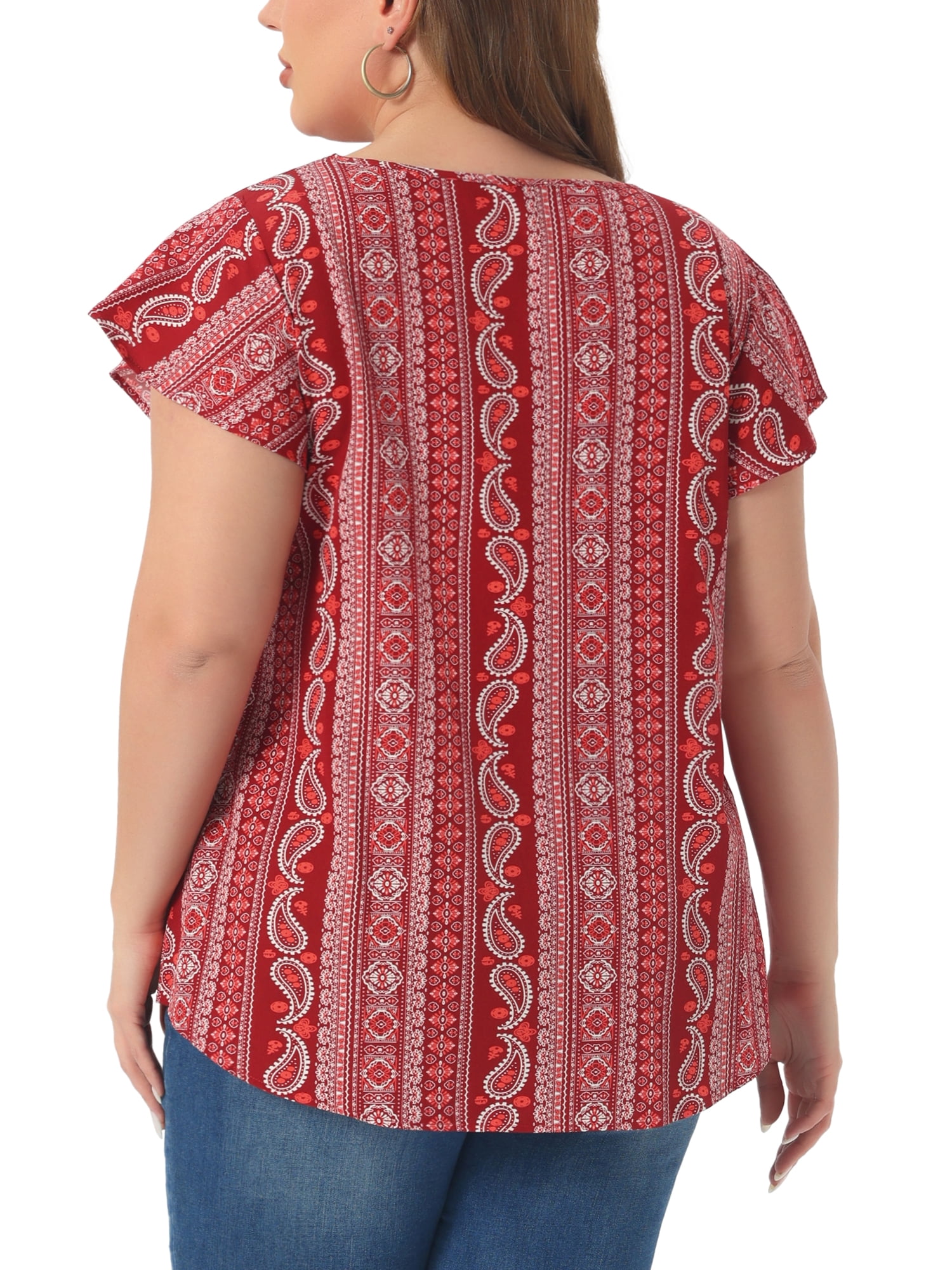 DARING DIVA Women's Plus Top Boho Floral Round Neck Ruffle Sleeve Blouses 2X Burgundy