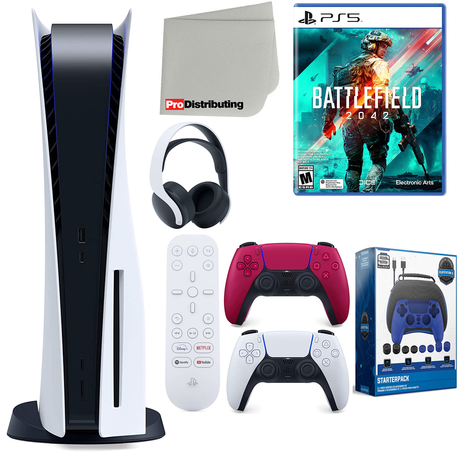 Sony Playstation 5 Disc Version (Sony PS5 Disc) with Cosmic Red Extra Controller, Headset, Media Remote, Battlefield 2042, Accessory Starter Kit and Microfiber Cleaning Cloth Bundle
