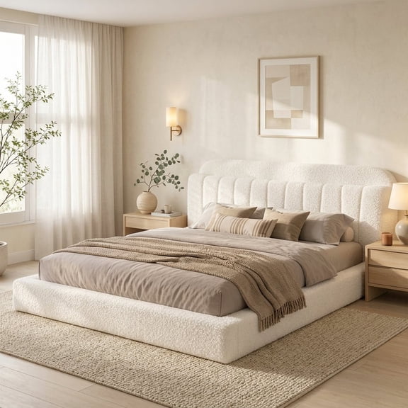 melmine Cloud Bed Frame with LED Light & Srorage Upholstered Bed Frame King Size with Headboard,Noise Free,Easy Assembly,White