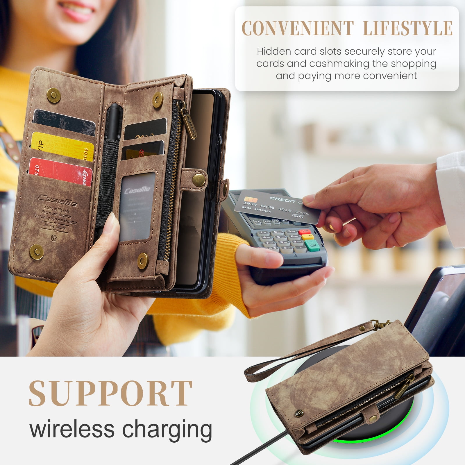 Feishell Durable 2- In-1 Magnetic Detachable Wallet Case for Samsung Galaxy Z Fold 7,for Women Men,Premium PU Leather Zipper Pocket Flip Multi Card Slots Purse Phone Case with Wrist Strap,Darkbrown
