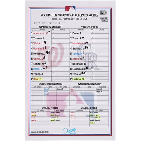 Washington Nationals Game-Used Lineup Card vs. Colorado Rockies on June 21 2024 – Fanatics Authentic Certified