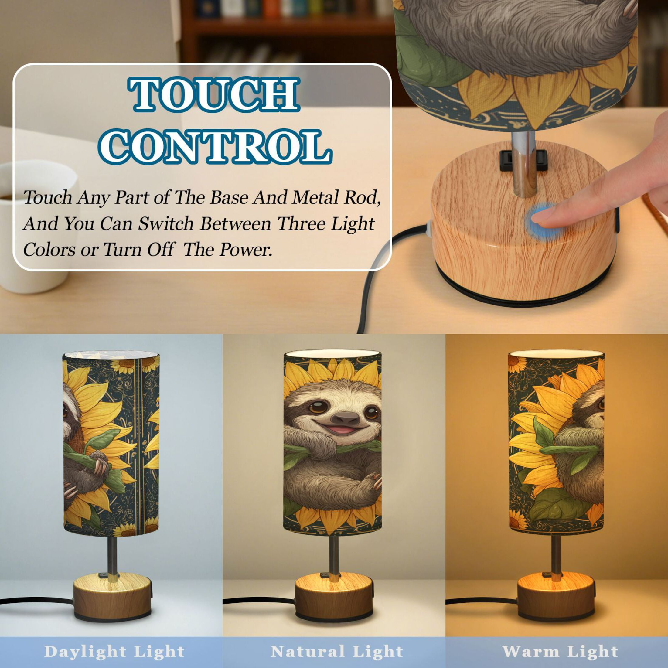 Touch-Control 3-Color Desk Lamp with Plug – Energy-Saving LED + 3 Simultaneous Charging Ports Smiling Happy Baby Sloth