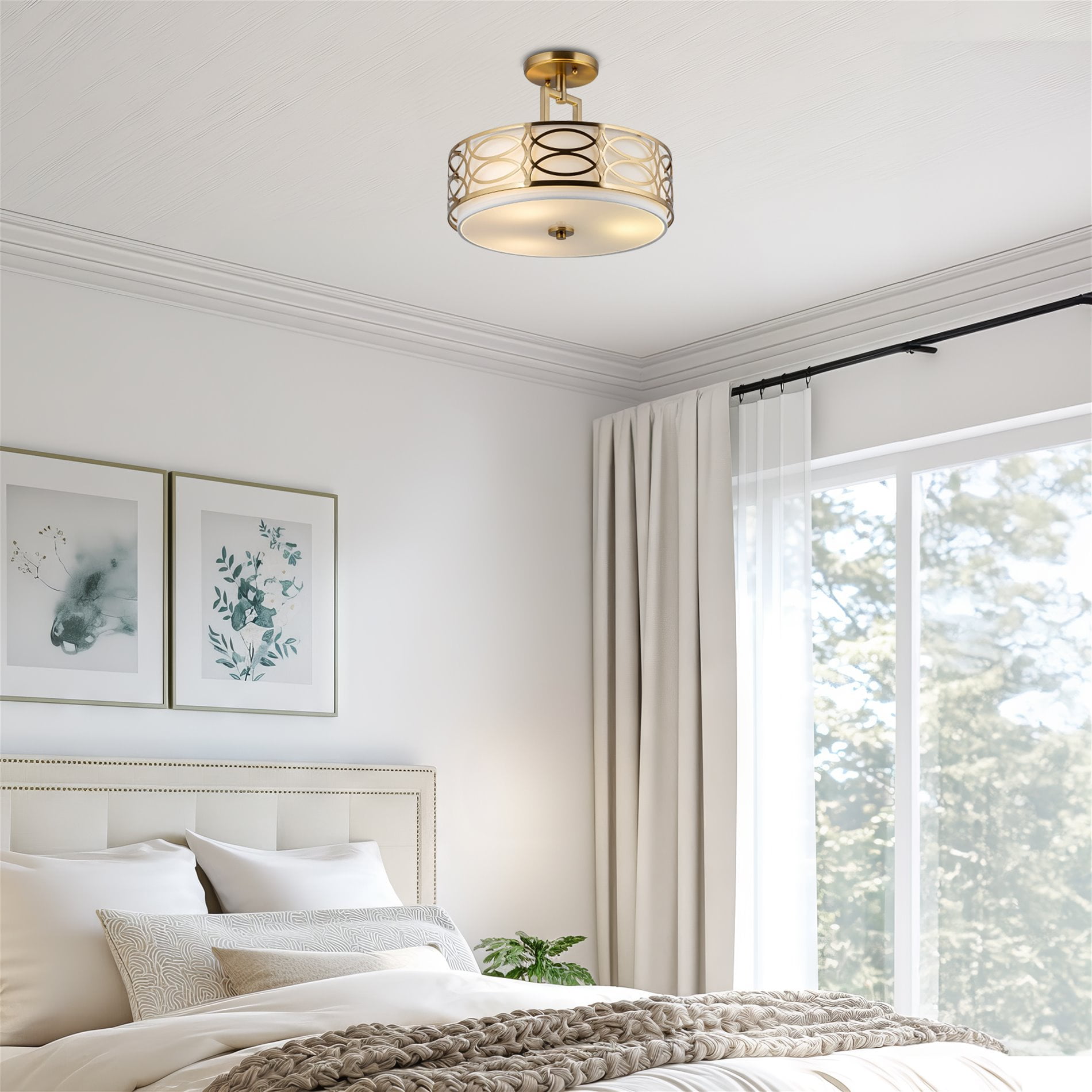 Kira Home Sienna 15" Lattice Drum Gold, Gold Ceiling Light, White Linen Shade, Glass Diffuser, Cool Brass