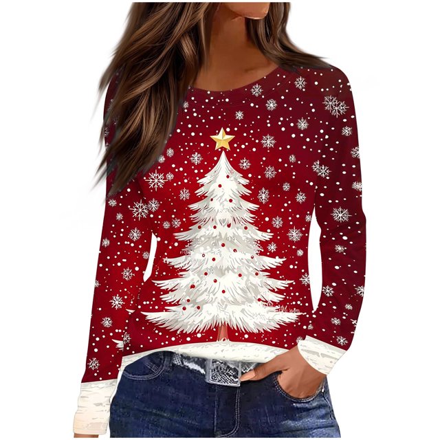 HAiming T-Shirts de Noël pour Femmes Grande Taille Manches Longues Col Rond Tuniques Graphiques de Noël pour Fête