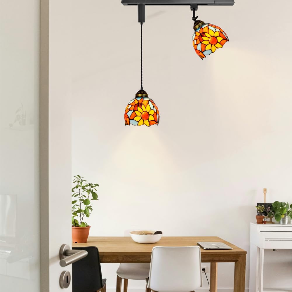 KAYYELAMP 1x Plug in Cable Track Rail, 1X Adjustable Cord, 1x Adjustable Angle Colorful Sunflowers Pattern Handmade Glass Tiffany H-Type Track Lighting Fixture for Kitchen Loft(No Bulb)