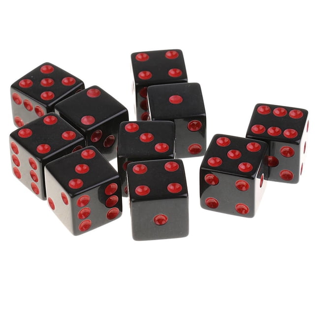 Juego de 10 dados estándar de acrílico Zulema D6 de 16 mm color negro con pepitas rojas