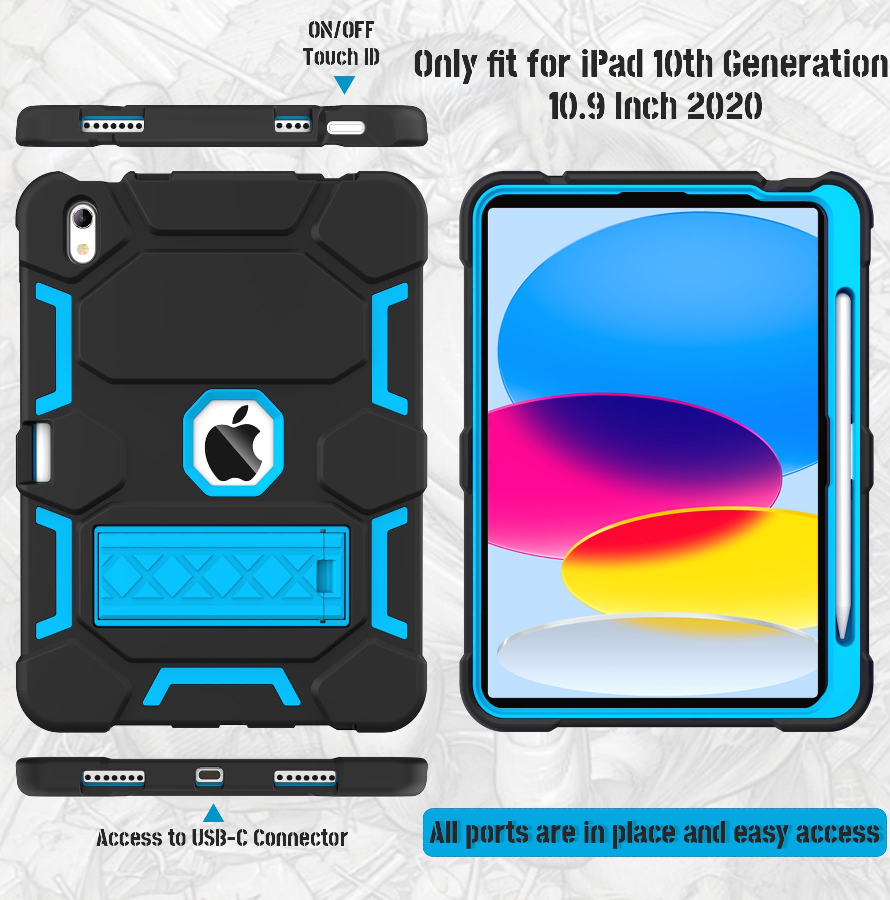 Rantice Case for iPad (A16) 11th/10th Generation(2025/2022), iPad 10th Case with Kickstand & Pencil Holder, Heavy Duty Shockproof Hybrid Three Layer Protective Cover for Girls Women, Black+Sky Blue