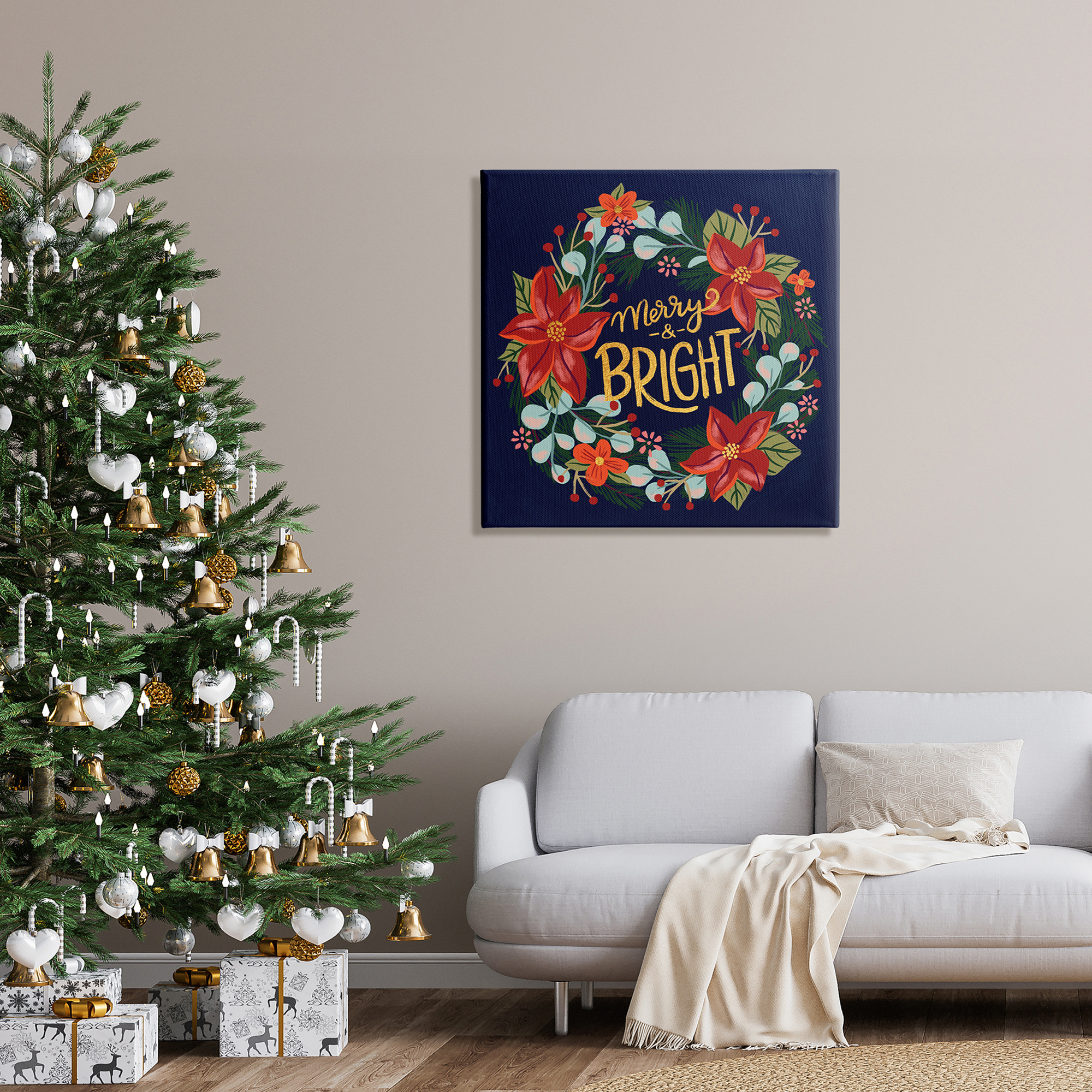 Merry And Bright Calligraphy Floral Poinsettia Wreath Botanical & Floral Graphic Art Gallery-Wrapped Canvas Print Wall Art