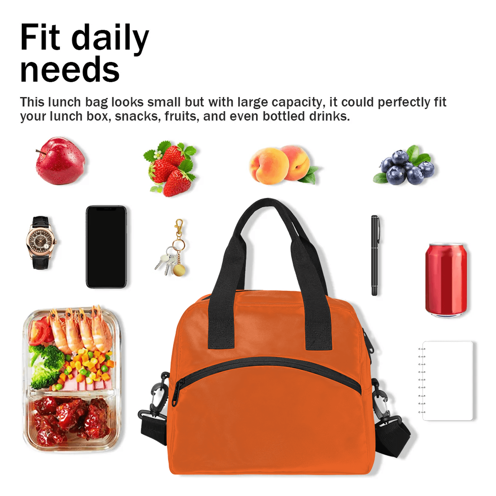 Herdesigns Orange Lunch Bag for Adults Men Women Insulated Reusable Lunch Box Leakproof Cooler Tote Bag with Adjustable Shoulder Strap