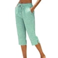 thumbnail image 2 of Womens Petite Capri Pants Cotton Plaid Loose Fit Straight Leg Drawstring Elastic Waist Cropped Pant Casual Summer Linen Pull On Clothes Green M, 2 of 6