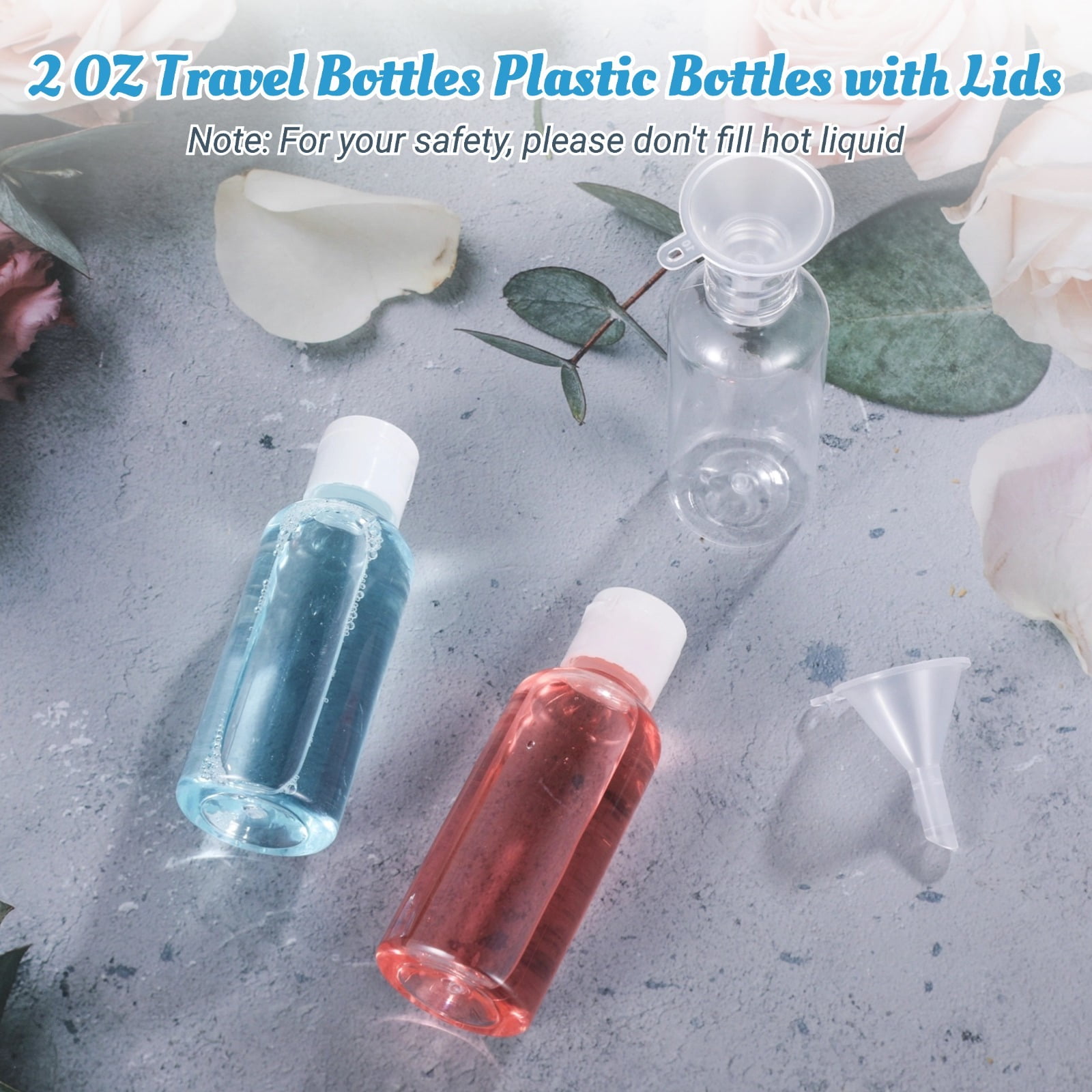 100 PCS Travel Bottles, 2 OZ / 60ML Plastic Bottles with Lids, Travel Size Cover Cap Plastic Bottles Refillable Dispensing Bottles with 5 Funnels Liquid Lotion for Travel Business